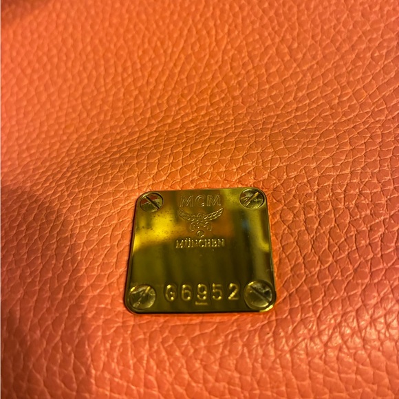 MCM Two Way Pebbled Leather Bag Satchel Salmon Coral Gold Tone Accents - Picture 3 of 8